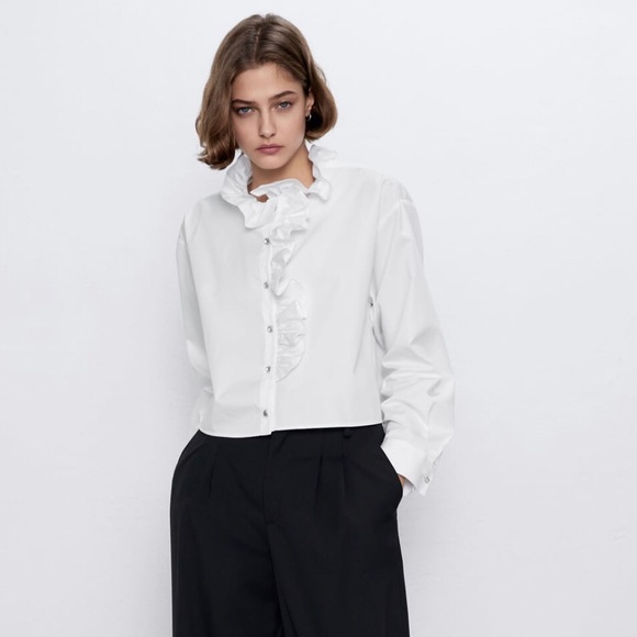 White ruffle blouse long sleeve zara Outlet